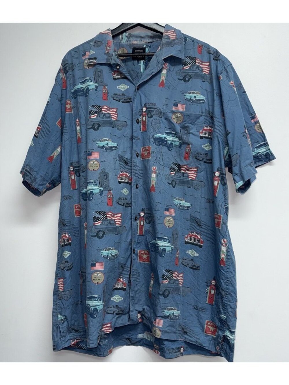 Cotton Traders USA Flag Shirt Mens 2XL XXL Button Up Patriotic Vintage Cars Blue